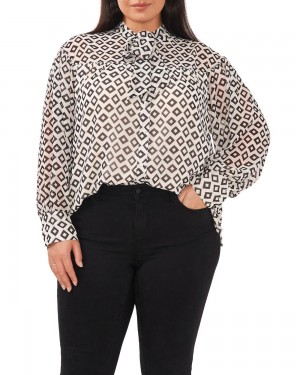 Blusa Vince Camuto Diamond-Print Neck-Tie (Plus Size) Mujer Blancas | 536-LIZVGK