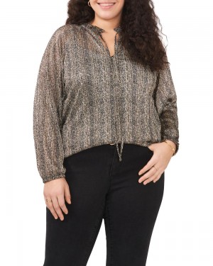 Blusa Vince Camuto Shimmer Plisado Tie-Neck (Plus Size) Mujer Negras | 019-ETKIMZ