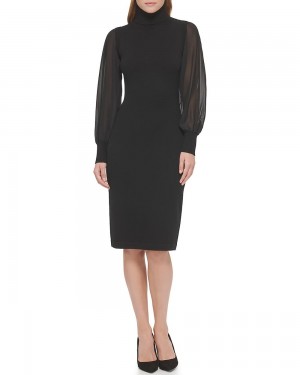 Mini Vestido Vince Camuto Chiffon-Sleeve Turtleneck Mujer Negras | 021-YHAJXG