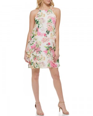 Mini Vestido Vince Camuto Floral-Print Chiffon Ruffled (Petite) Mujer Blancas | 870-EQOVMT