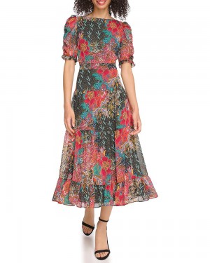 Mini Vestido Vince Camuto Floral-Print Ruched-Sleeve Mujer Hunter Floral Print | 716-MHPYQR