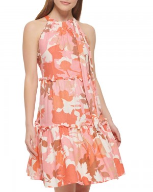 Mini Vestido Vince Camuto Floral-Print Tiered (Petite) Mujer Coral | 570-SZROXM