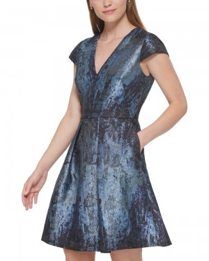 Mini Vestido Vince Camuto Jacquard Cap-Sleeve Fit-And-Flare Mujer Azules | 984-UIGTXJ