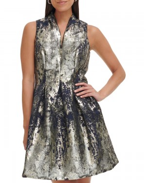 Mini Vestido Vince Camuto Jacquard Sleeveless Fit-And-Flare Mujer Azul Marino Plateadas | 793-ZLVKFX