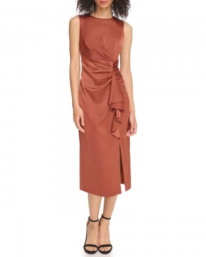 Mini Vestido Vince Camuto Satin Ruched Ruffled Mujer Marrones | 726-UMTFIR