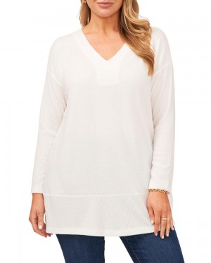 Tops Vince Camuto Acanalado V-Neck (Plus Size) Mujer Blancas | 612-NTUYBE