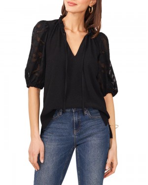 Tops Vince Camuto Embroidered-Sleeve Tie-Detail Mujer Negras | 561-PKQTML