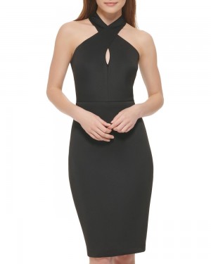 Vestido A Media Pierna Vince Camuto Crisscross-Neckline Keyhole (Petite) Mujer Negras | 692-LEWJPQ