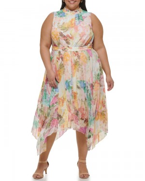 Vestido A Media Pierna Vince Camuto Floral-Print Handkerchief-Hem (Plus Size) Mujer Blancas | 735-OKSZMN