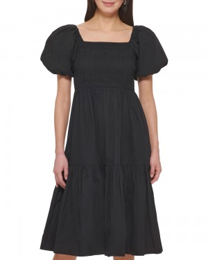 Vestido A Media Pierna Vince Camuto Smocked Puff-Sleeve Mujer Negras | 869-STDHKL