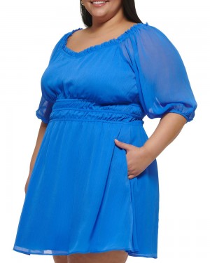 Vestido Largo Vince Camuto Chiffon Ruffled-Neckline Fit-And-Flare(Plus Size) Mujer Azules | 586-RKXGTW