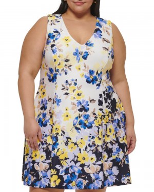 Vestido Largo Vince Camuto Floral-Print Fit-And-Flare (Plus Size) Mujer Azules | 135-GJKZBM