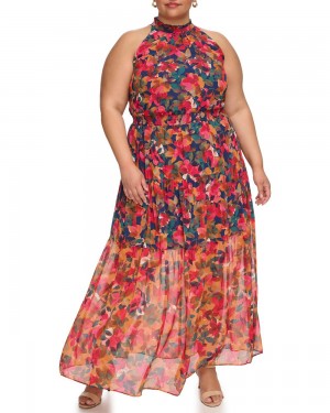 Vestido Largo Vince Camuto Floral-Print Smocked (Plus Size) Mujer Azul Marino | 632-YBUKGF