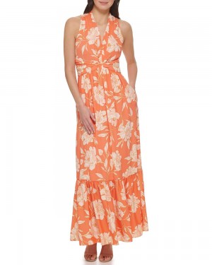 Vestido Largo Vince Camuto Floral-Print Twist-Front Mujer Naranjas | 208-PRWFSK