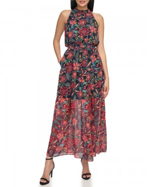 Vestido Largo Vince Camuto Floral Print Chiffon Mujer Negras | 879-TKMYQI