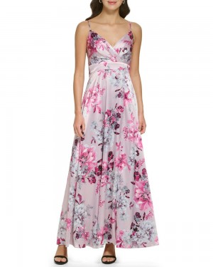 Vestido Largo Vince Camuto Floral Print Satin Gown Mujer Fucsia Rosas | 978-LOYGIA