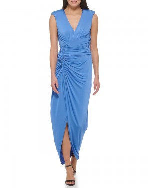 Vestido Largo Vince Camuto Ruched Front-Slit V-Neck Gown Mujer Azules | 730-GMWTDP