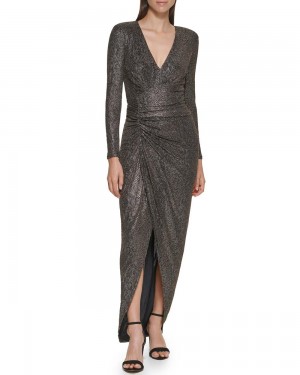 Vestido Largo Vince Camuto Ruched Metallic V-Neck Gown Mujer Doradas | 302-XYNUEQ