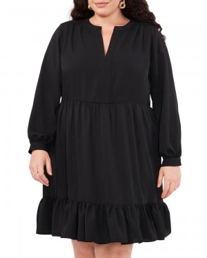 Vestido Largo Vince Camuto Ruched Split-Neck (Plus Size) Mujer Negras | 472-WIRFQG