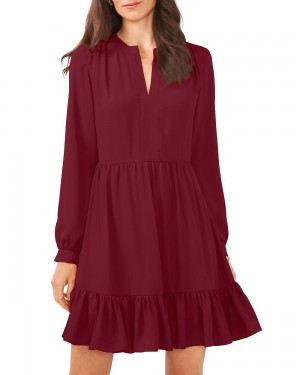 Vestido Largo Vince Camuto Ruffled Long-Sleeve Mujer Burdeos | 075-HQNWVM