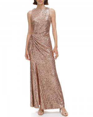 Vestido Largo Vince Camuto Sequined Side-Twist Gown Mujer Kaki | 410-OXKAUT