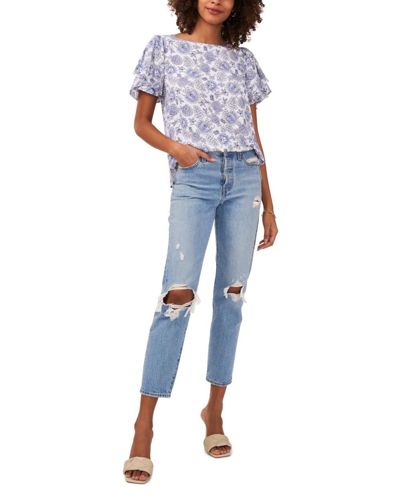 Blusa Vince Camuto Botanical-Print Flutter-Sleeve Mujer Blancas | 082-UNVTCA