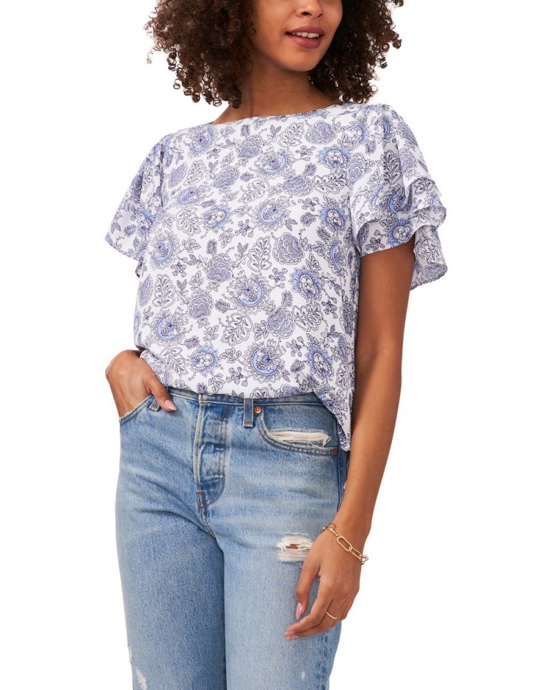 Blusa Vince Camuto Botanical-Print Flutter-Sleeve Mujer Blancas | 082-UNVTCA