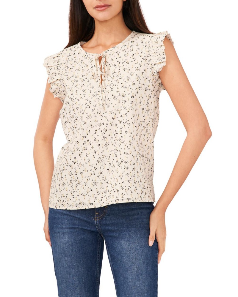 Blusa Vince Camuto Floral-Print Ruffled-Cap-Sleeve Mujer Beige | 567-CTSOXR