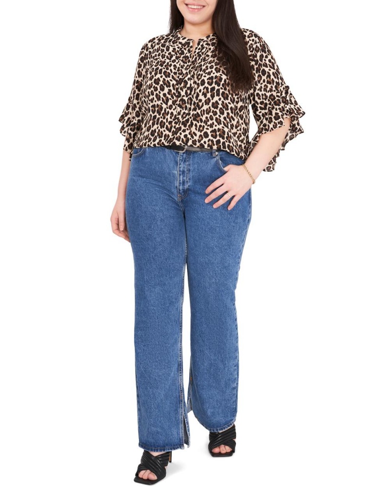 Blusa Vince Camuto Leopard-Print Ruffled-Sleeve (Plus Size) Mujer Negras Marrones Leopardo | 019-OKZQYR