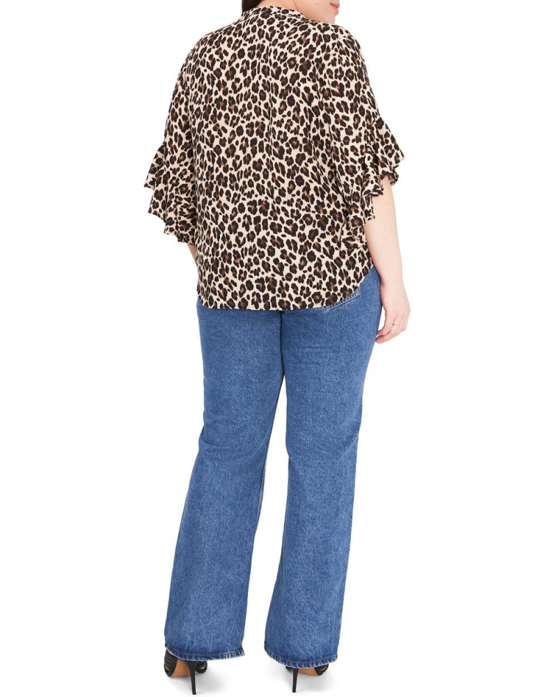 Blusa Vince Camuto Leopard-Print Ruffled-Sleeve (Plus Size) Mujer Negras Marrones Leopardo | 019-OKZQYR