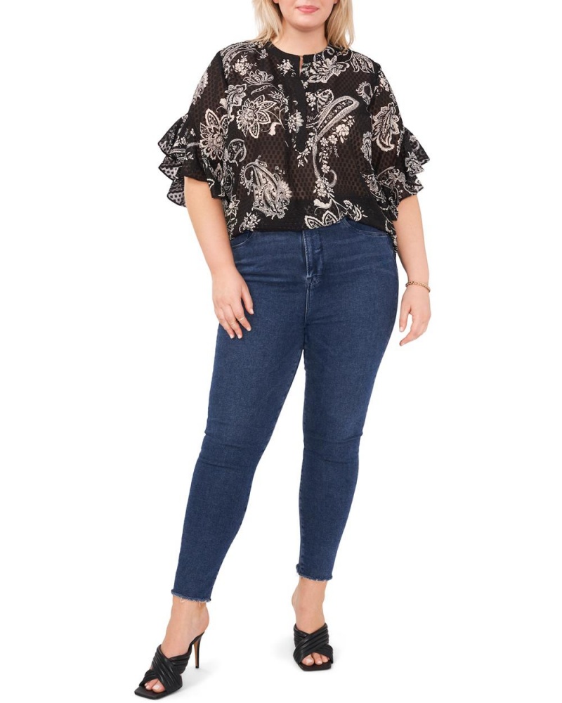 Blusa Vince Camuto Paisley-Print Ruffled-Sleeve (Plus Size) Mujer Negras | 174-TGHSFV