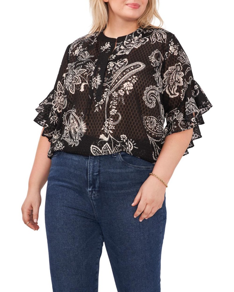 Blusa Vince Camuto Paisley-Print Ruffled-Sleeve (Plus Size) Mujer Negras | 174-TGHSFV