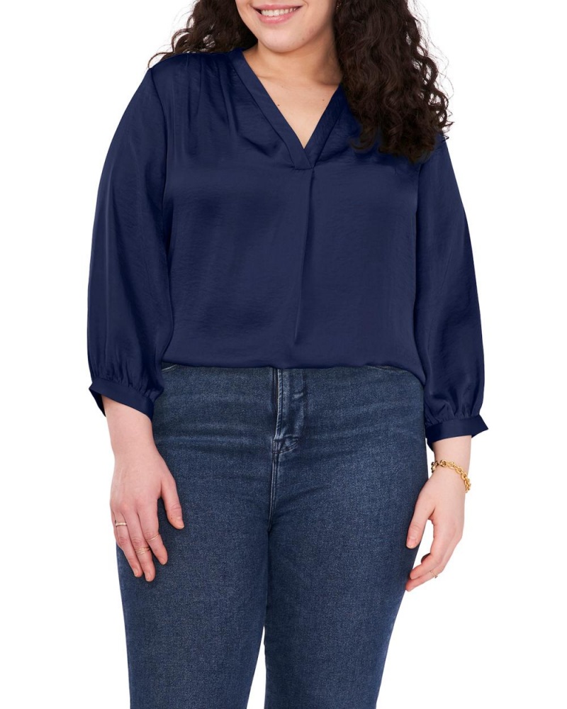 Blusa Vince Camuto V-Neck Inverted-Pleat (Plus Size) Mujer Azul Marino | 964-BVZNAX