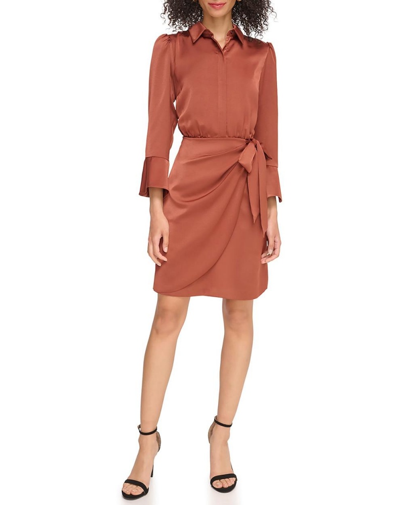 Camisa De Vestir Vince Camuto Satin Crossover-Skirt Shirtdress Mujer Marrones | 156-EXFCKN