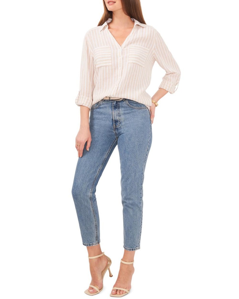 Camisa Vince Camuto A Rayas V-Neck Button-Down Shirt Mujer Kaki | 529-ACJHSN