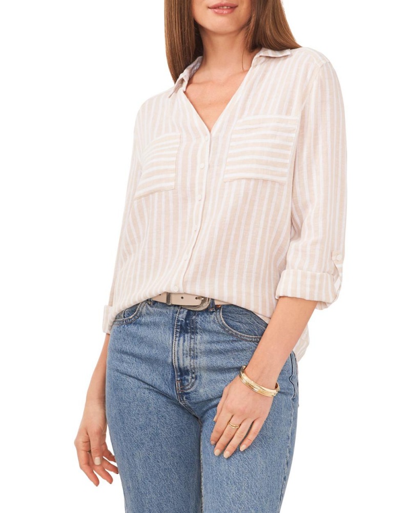 Camisa Vince Camuto A Rayas V-Neck Button-Down Shirt Mujer Kaki | 529-ACJHSN