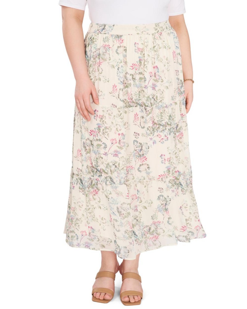 Falda Vince Camuto Dandelion-Print Plisado Maxi (Plus Size) Mujer Blancas | 842-UTFRHB