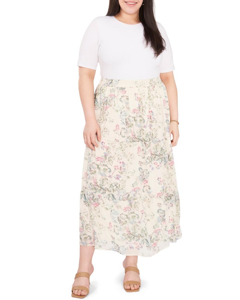 Falda Vince Camuto Dandelion-Print Plisado Maxi (Plus Size) Mujer Blancas | 842-UTFRHB