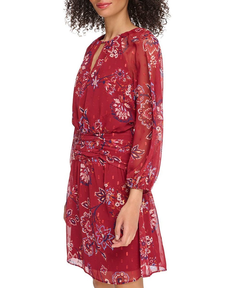 Mini Vestido Vince Camuto Floral-Print Chiffon Banded-Waist Mujer Rojas | 789-PIUKLF