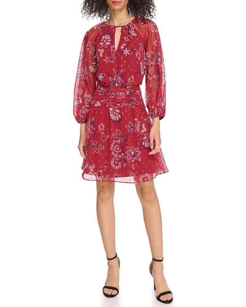 Mini Vestido Vince Camuto Floral-Print Chiffon Banded-Waist Mujer Rojas | 789-PIUKLF