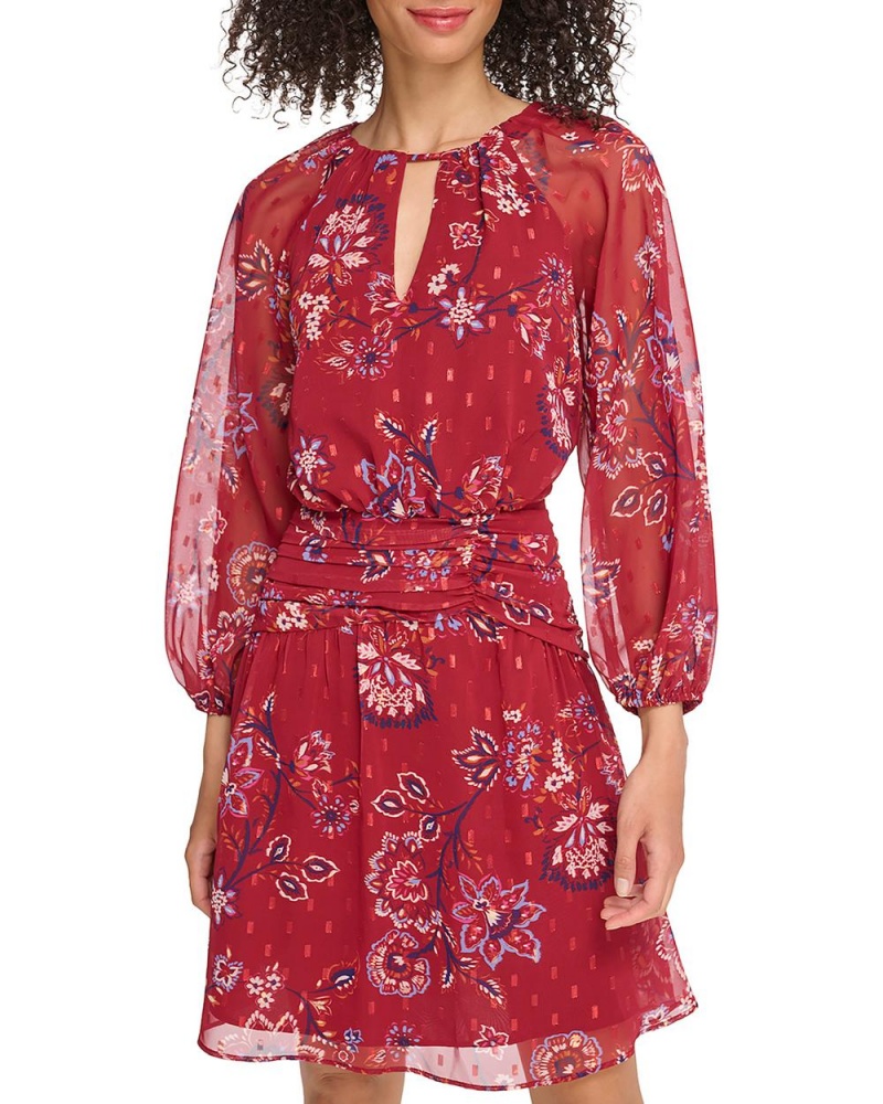 Mini Vestido Vince Camuto Floral-Print Chiffon Banded-Waist Mujer Rojas | 789-PIUKLF