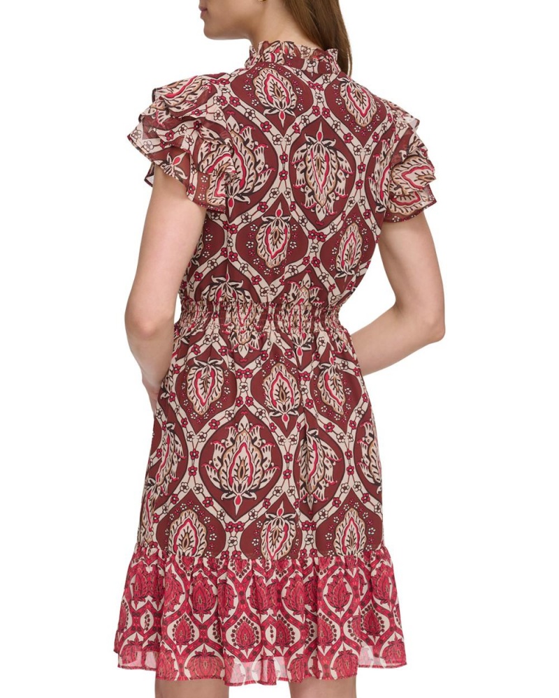 Mini Vestido Vince Camuto Printed Smocked Ruffled-Sleeve Mujer Rojas Marrones | 150-KZNUSD