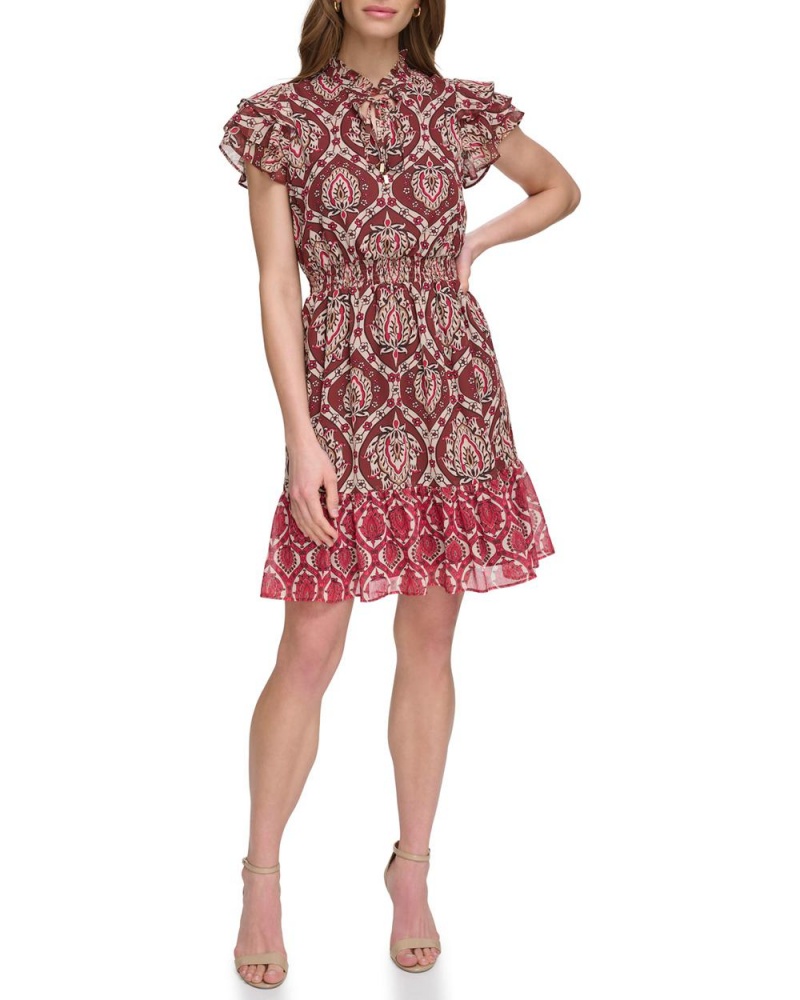 Mini Vestido Vince Camuto Printed Smocked Ruffled-Sleeve Mujer Rojas Marrones | 150-KZNUSD