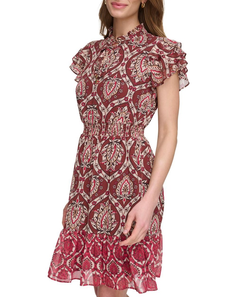 Mini Vestido Vince Camuto Printed Smocked Ruffled-Sleeve Mujer Rojas Marrones | 150-KZNUSD