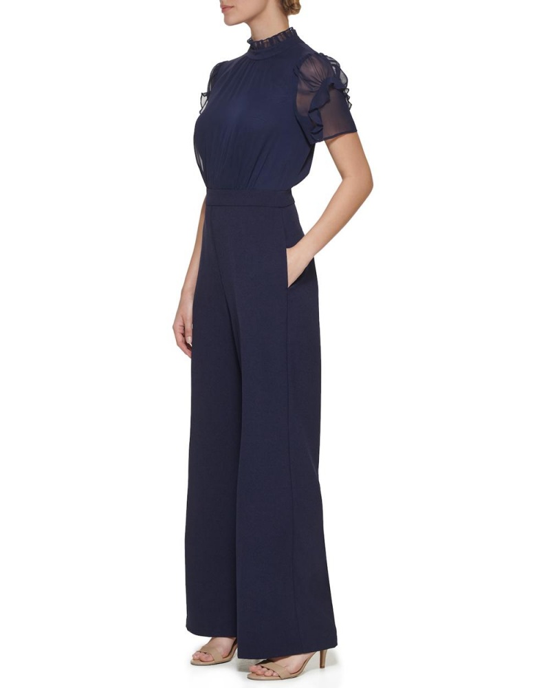 Mono Vince Camuto Ruffled-Sleeve Wide-Leg (Petite) Mujer Azul Marino | 504-PHBOGF