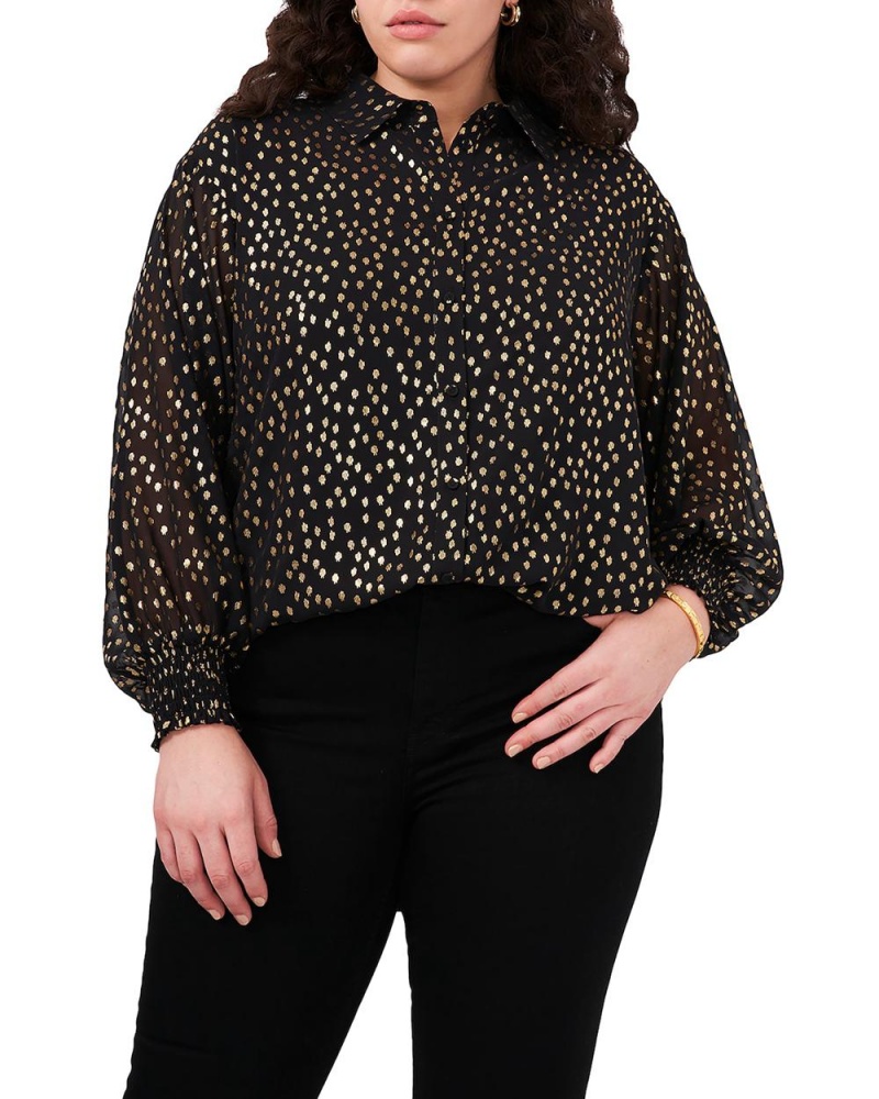 Tops Vince Camuto Foil-Dot Button-Down Tunic (Plus Size) Mujer Negras | 265-YLAKUX