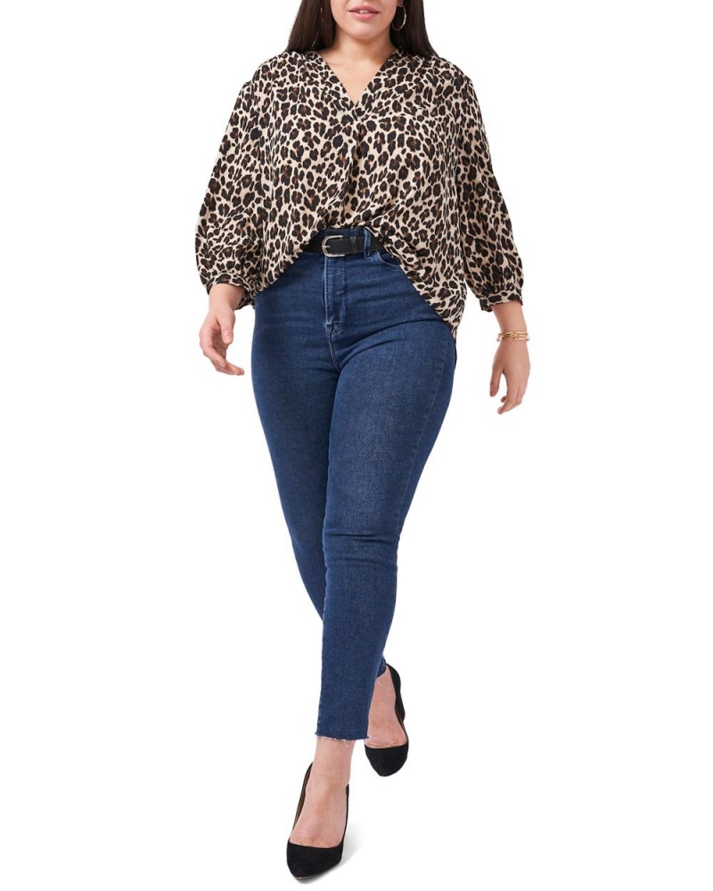 Tops Vince Camuto Leopard-Print V-Neck (Plus Size) Mujer Negras Marrones Leopardo | 357-OGKSNU