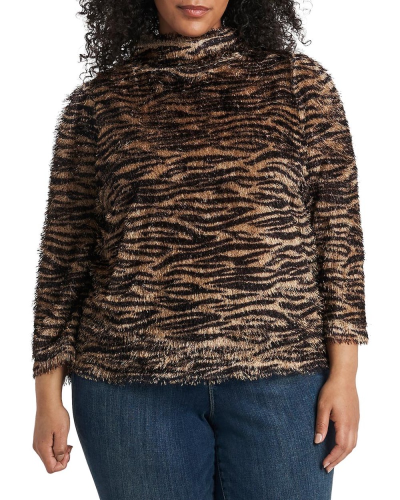 Tops Vince Camuto Zebra-Print Eyelash (Plus Size) Mujer Negras | 380-PMQCGI