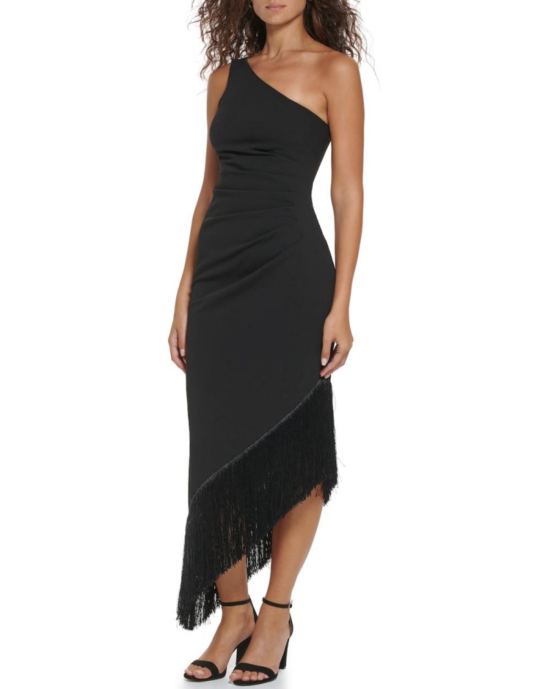 Vestido A Media Pierna Vince Camuto Asymmetrical Fringe-Hem Mujer Negras | 624-ABXPGR