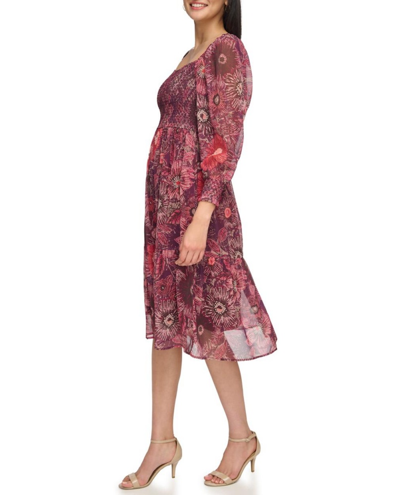 Vestido A Media Pierna Vince Camuto Floral-Print Smocked Mujer Rojas | 175-LRUTVH